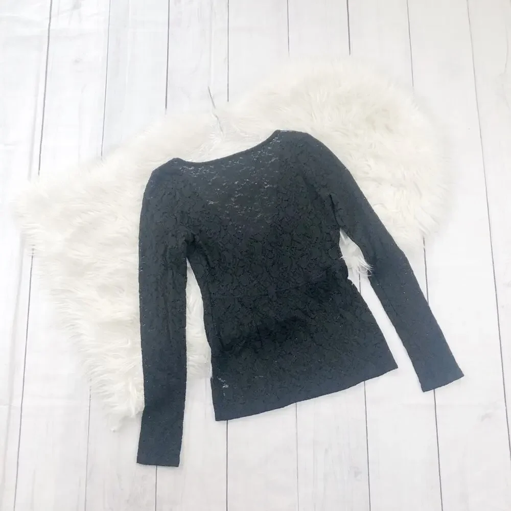 🆕 Free People Women's Black Intimately  Tie Front Lace V-neck Top Med‎ NEW